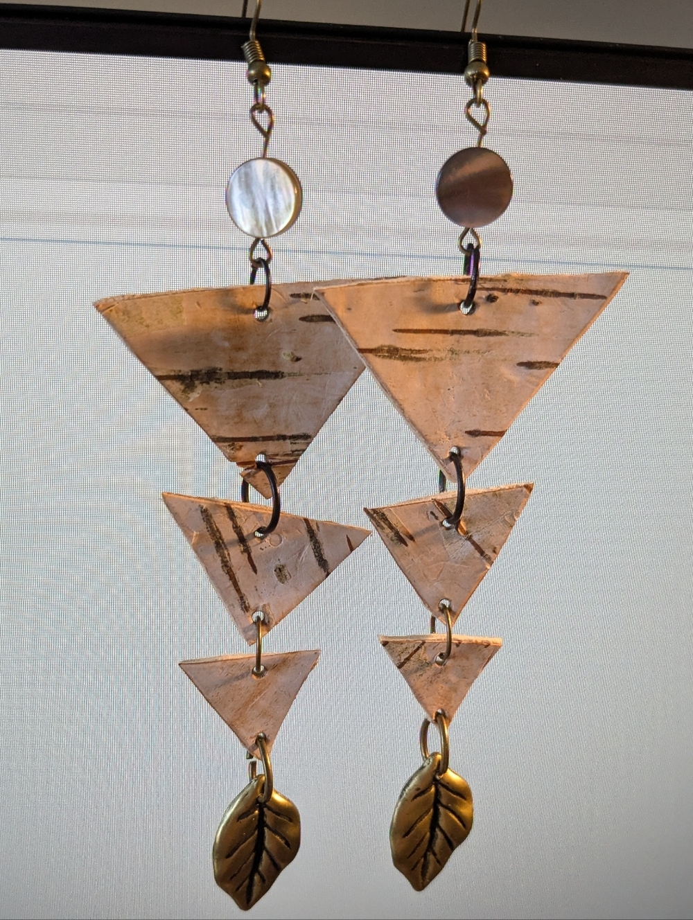 Native American Birch Bark Triangle Earrings - Gold Tone Leaf Pendant